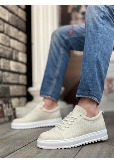 Pabucmarketi Bağcıklı Keten Erkek Ayakkabı Krem Beyaz Taban Çok Renkli