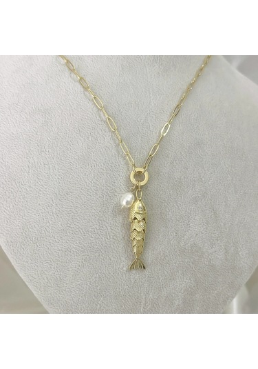 İncili Hareketli Balık Kolye Gold Gold