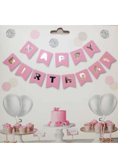 Pembe Zemin Happy Birthday Gümüş Banner