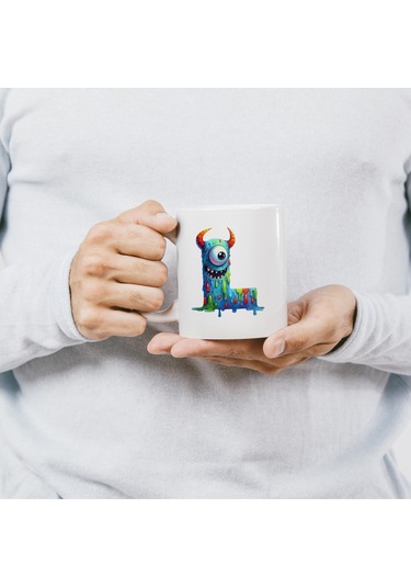 L Harfi Bardak, Sevimli Canavarlar Harflı Bardak Hediyesi Porselen Beyaz