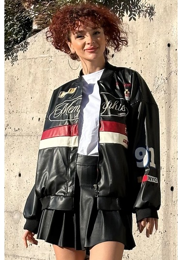 Bigdart 0698 Baskılı Suni Deri Bomber Ceket - Siyah 001