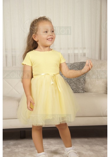 Tüllü Baskısız Düz Üst Kısım Ribana Alt Kısım Astarlı Tütü Etek Kız Çocuk Prenses Kısa Kollu Elbise Sarı