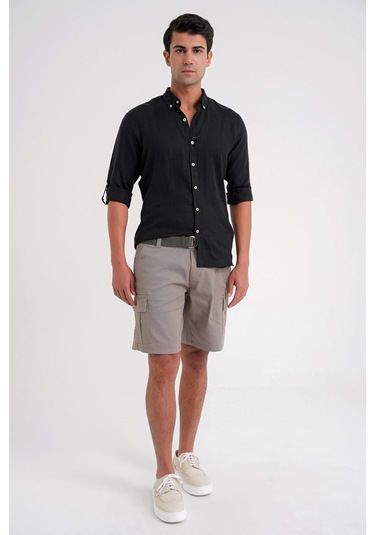 Comfort Fit Düğme Yaka Katlanır Kol %100 Keten Düz Siyah Gömlek G 1595 Siyah