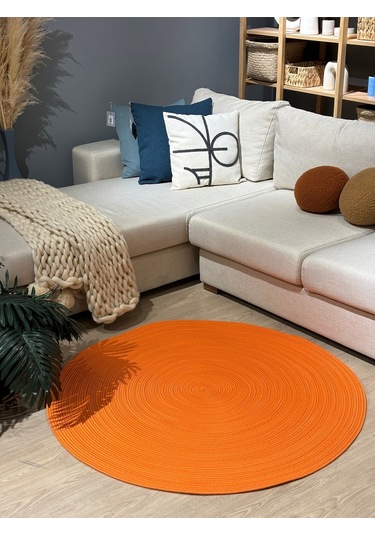Turuncu Jüt Yuvarlak Hasır Görünümlü Klasik Halı Kilim Turuncu
