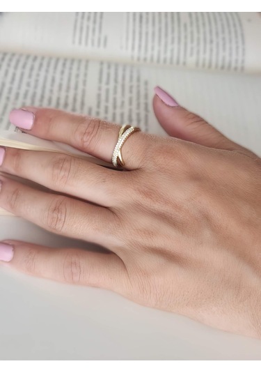 Çapraz X Model Zirkon Taşlı Ayarlanabilir Gold Altın Renkli Yüzük Gold