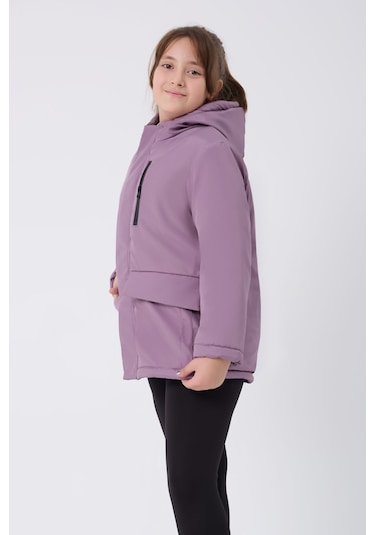 Kız Çocuk Lila Içi Kürklü Su Ve Rüzgar Geçirmez Kapüşonlu 3 Cep Kışlık Mont & Kaban & Parka Lila