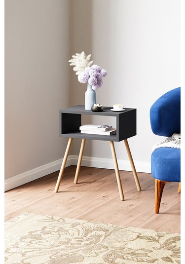 İntergo Ahşap Ayaklı Raflı Komodin Antrasit Gri