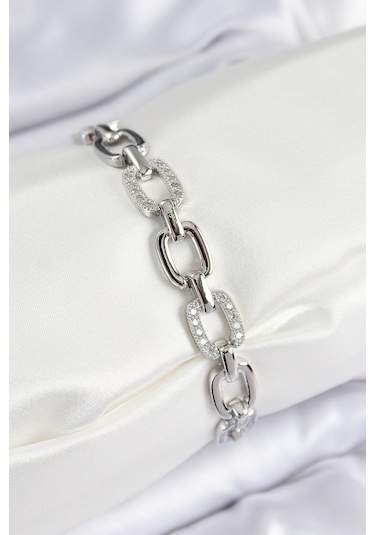 Pirinç Zirkon Taşlı Parçalı Zincir Model Gümüş Renk Kadın Bileklik Gümüş