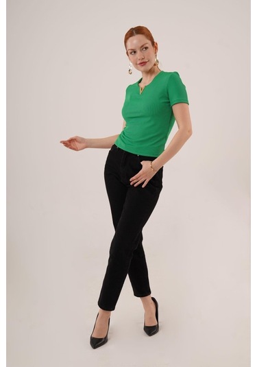 Kısa Kollu Yaka Detaylı Kaşkorse Yeşil Bluz Karışık