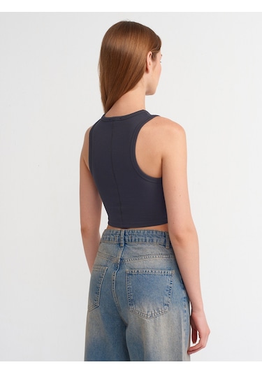 Dilvin Dikiş Efektli Crop Top Antrasit