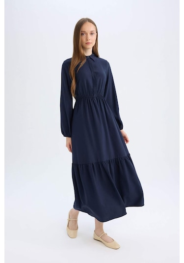 Defacto Gömlek Yaka Basic Düz Düğmeli Beli Büzgülü Uzun Kollu Maxi Lacivert Elbise D5851AX24AUNV31 Lacivert