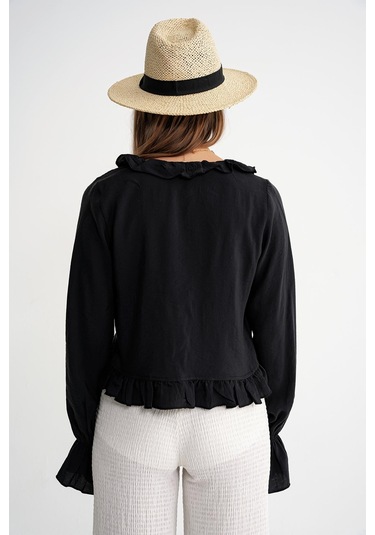 4712 Kadın Volanlı Modal Bolero Bluz Siyah Siyah