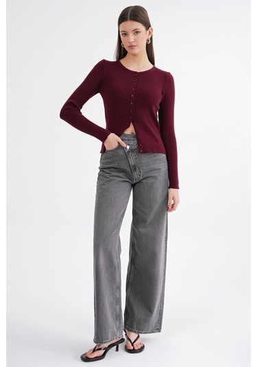 6931 Kadın Düğmeli Fitilli Triko Hırka Bordo Bordo