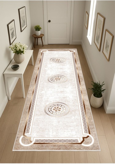 Krem Dijital Baskı Salon Halısı Kaymaz Tabanlı Yıkanabilir Halı Yolluk 535 Krem