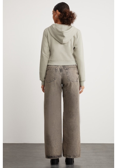 Delıa Kadın Crop 3 Iplik Şardonlu Örme Relaxed Fit Fermuarlı Kapüşonlu Çağla Yeşili Sweatshirt