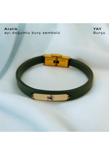Archin Yay Burçlarına 14 Ayar Altın Plakalı Dikdörtgen Motifli Yeşil Derili Hediye Bileklik-371burç Yay