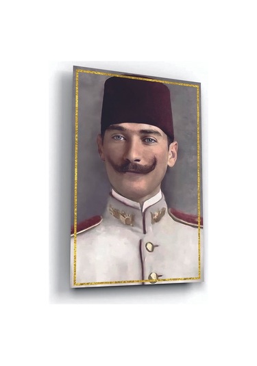 Mustafa Kemal Atatürk Askeri Öğrenciyken Gold Detaylı Cam Tablo