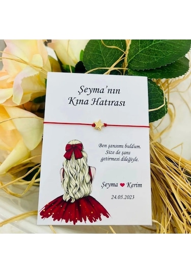 20 Adet Gold Yıldızlı Kırmızı Bileklik - Kına Hatırası - Kına Hediyelik