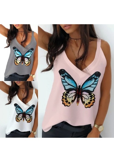 Kadın Kelebek Baskılı Sandy Kumaş Askılı Bluz Pudra