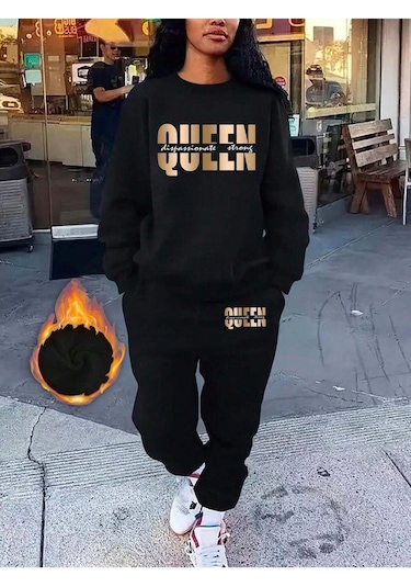 Si Yah Bi Si Klet Yaka Queen Baskili Eşofman Takimi Siyah-51126