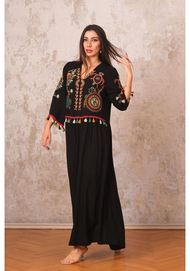 Kadın Siyah V Yaka Önü Ve Kolları Otantik Nakışlı Püsküllü Uzun Elbise-sıyah Siyah