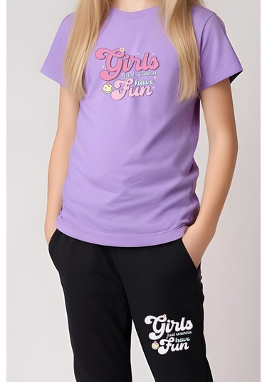 Fyk Kids Kız Çocuk Yuvarlak Yaka Baskılı Girls Fun Alt-üst Pijama Takımı Lila