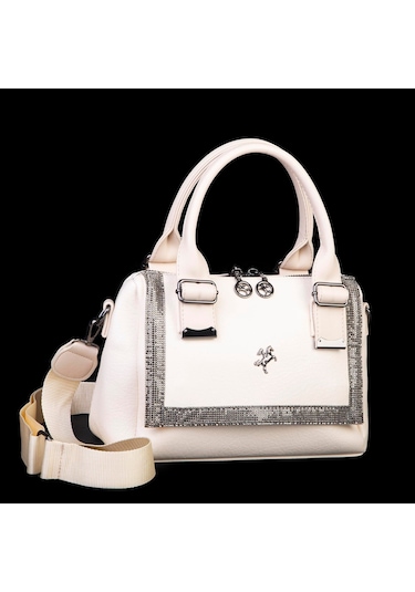 Nas 1455 Kadın Taşlı El Ve Omuz Çantası Krem Siyah