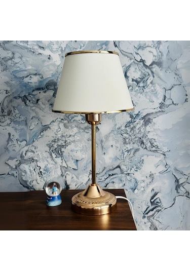 Royal Gold Metal Ayaklı Abajur Krem Altın Şeritli Kumaş Başlık Yatak Odası Abajur Salon Masa Lambası Krem - Gold