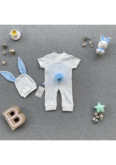 Erkek Bebek Tavşan Model Yazlık Kostüm Tulum-Bebek Doğum Hediyesi Beyaz - Mavi