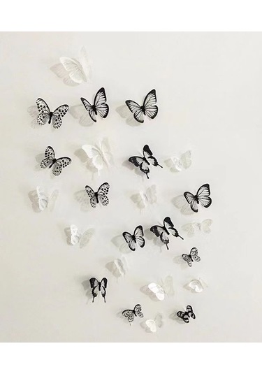 Else Nippon 18 Adet 3d Duvar Sticker Çift Kanatlı Kelebek Pvc Wal Beyaz - Siyah