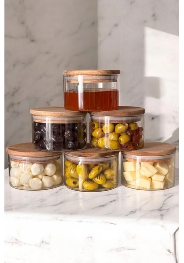 6'lı Borosilikat Cam Kahvaltılık Seti - Sızdırmaz Silikonlu Bambu Kapak - 90 X 70 Mm-400 Ml Beyaz