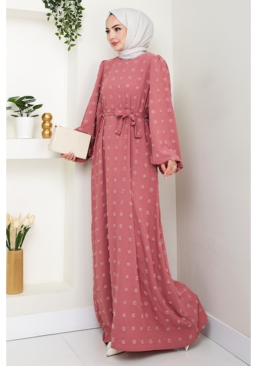Kuşaklı Ponpon Detay Ayrobin Elbise 1538 - Gül Kurusu Gül Kurusu