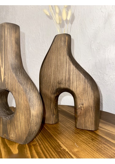 O&a Wood Doğal Ahşap Dekoratif İkili Takım Biblo Vazo Ceviz