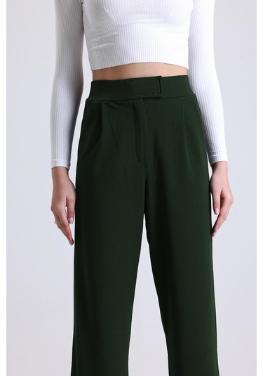 Kadın Wide Leg Likralı Cırt Kapamalı Lastikli Palazzo Pantolon - Haki