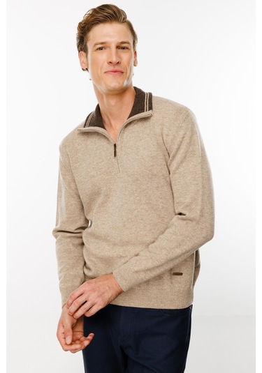 Erkek Fermuarlı Yaka Klasik Yün Kazak K.bej K.bej