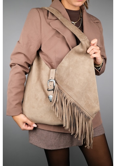 Rosalın Koyu Bej Hakiki Süet Deri Püsküllü Kadın Omuz Çantası Koyu Bej