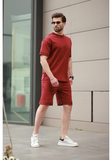 Madmext Bordo Baskılı %100 Pamuklu Erkek Şort Tişört Takım E7312