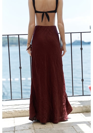 Eubah Kırışık Uzun Bordo Saten Etek Bordo