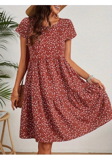 Kadın Kısa Kollu Bisiklet Yaka Çiçek Desenli Süprem Elbise Bordo