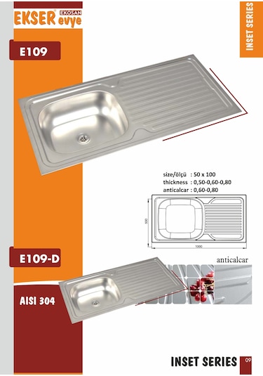 Ekosan 50 x 100 304 Kalite Paslanmaz Eviye + Sifon