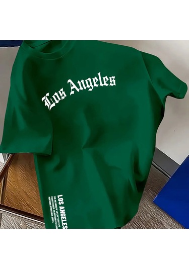Guılan Erkek %100 Pamuk Los Angeles Baskılı Gevşek Yuvarlak Boyun Kısa Kollu Tişörtgreen Green