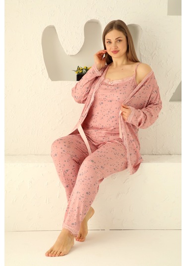 Sabahlıklı Dantel Detaylı Pegasus Kadın Pijama Takımı-çeyizlik Takım- Geniş Beden Aralığı Pembe