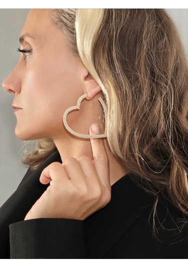 Büyük Kalp Model Beyoğlu Taşlı Abiye Gold Renk Küpe Altın