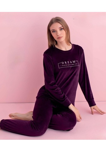 Pijamerry Kadın Kışlık Bisiklet Yaka Kadife Pijama Takımı 3041m - 1 Adet Mor