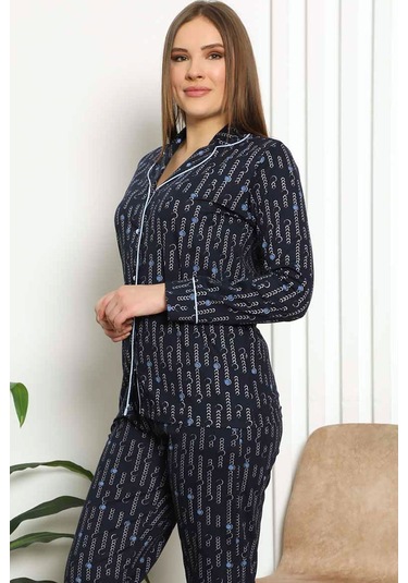 Kadın Lacivert Desenli Boydan Düğmeli Pijama Takımı EDY2651UK-L Lacivert