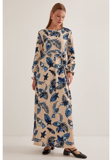 Bigdart Kadın Mavi Krem Desenli Örme Tesettür Elbise 1525 001