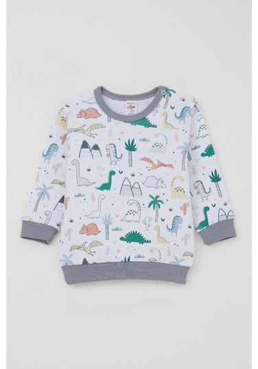 Breeze Erkek Bebek Eşofman Takım Omuzdan Patlı Sevimli Dinozorlar Desenli 4 Ay-1 Yaş, Beyaz Beyaz