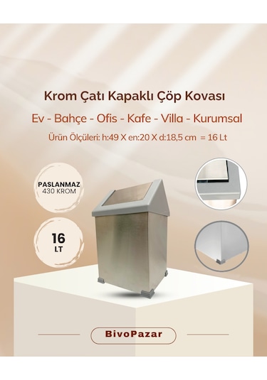 Krom Sallanır Çatı Kapaklı Çöp Kovası 16 Lt