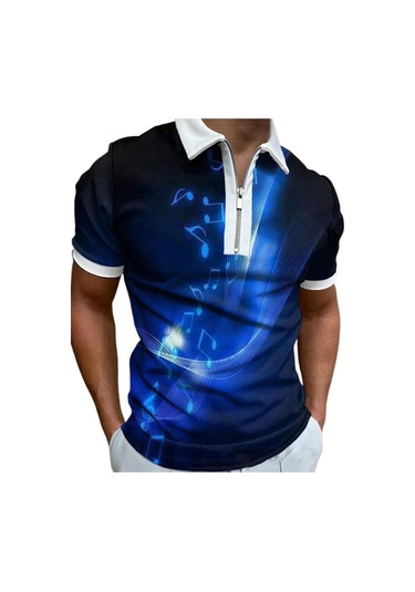 Mavi Rahat Yaka T-shirt Genç Erkek Moda Fermuar Kısa Kollu Tişört Erkek 3d Yeşil Işınları Baskı T Gömlek Mavi