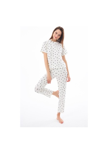 Premium Kadın Pijama Takımı Krem Kalp Desenli Yumuşak Dokulu Kısa Kollu Bisiklet Yaka Krem